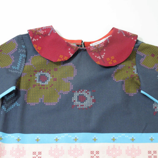 4T Toddler Girls Striped Warm Winter Dress with Long Sleeve & Peter Pan Collar, Maroon Gray Cross Stitch Print