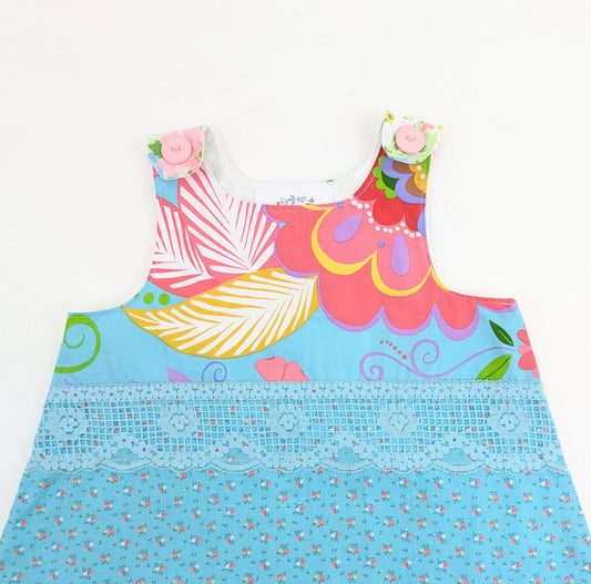 Size 5 Tropical Floral Pinafore Dress, Turquoise Floral Girl Summer Outfit, Beach Vacation Clothes, Handmade Kids Fashion