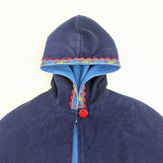 Girls Navy Blue Cloak with Floral Trim, Hooded Corduroy Cape Coat, Car Seat Poncho, Baby Toddler Kids Christmas Gift Sz Medium 5-8 Years