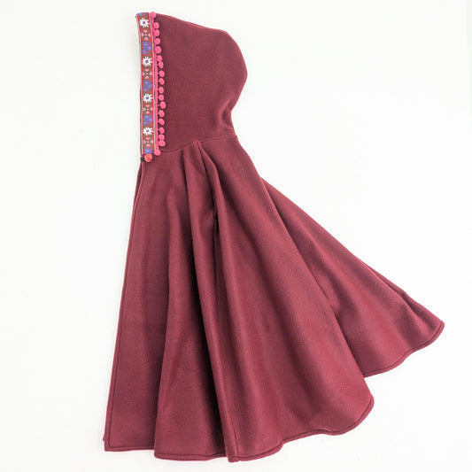 Girls Maroon Fleece Hooded Cloak Trimmed with Floral Ribbon, Storybook Poncho Cape Coat, Gift for Girls, Sz Large (9-12 years)