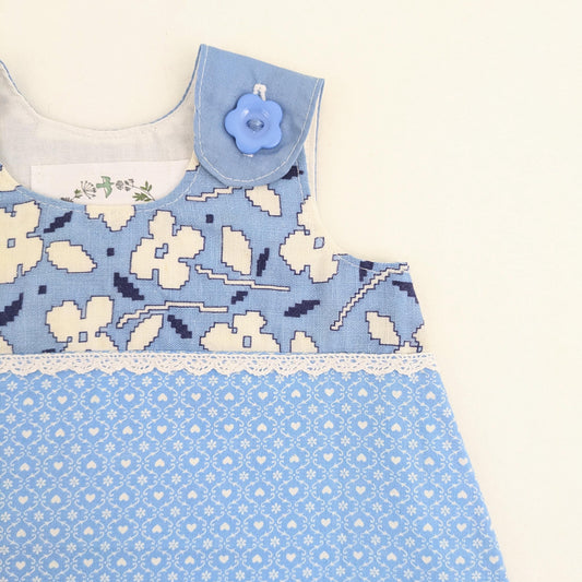 Newborn Baby Blue Patchwork Pinafore Dress, New Baby Girl Gift, Blue Summer Outfit, Baby Shower Present, Handmade Heirloom Clothes