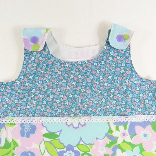 3M Blue Floral Patchwork Dress, Retro Unique Handmade Baby Girls Pinafore Dress, 3-6 Months