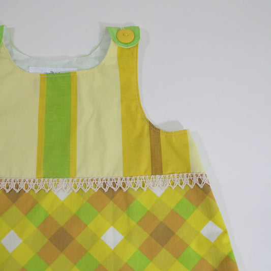 Girls Dress 6T, Handmade Patchwork Toddler Pinafore Jumper Outfit, Kindergarten Upcycled Vintage Clothing, Birthday Gift Boho Neon Plaid