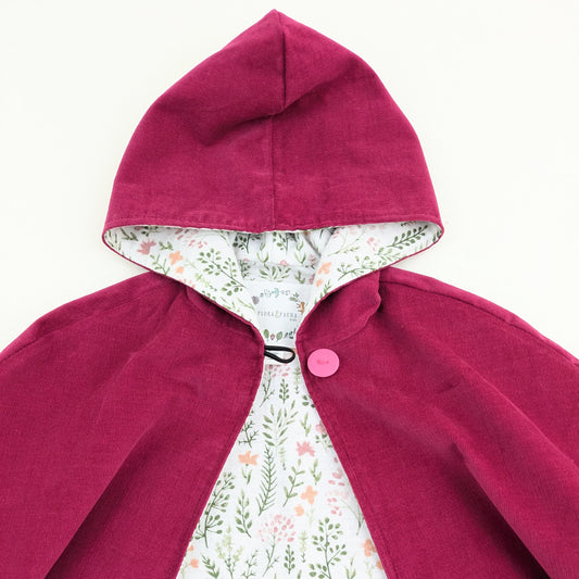 Raspberry Pink Girls Corduroy Cape, Floral Flannel Lined Toddler Poncho, Spring Cloak, Handmade Baby Gift, Car Seat Coat Outerwear