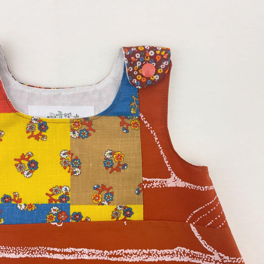 6-12M Boho Patchwork Pinafore Dress, Baby Shower Gift, 1st Birthday Outfit, Rust Floral Baby Clothes, Handmade Grow With Me Sundress