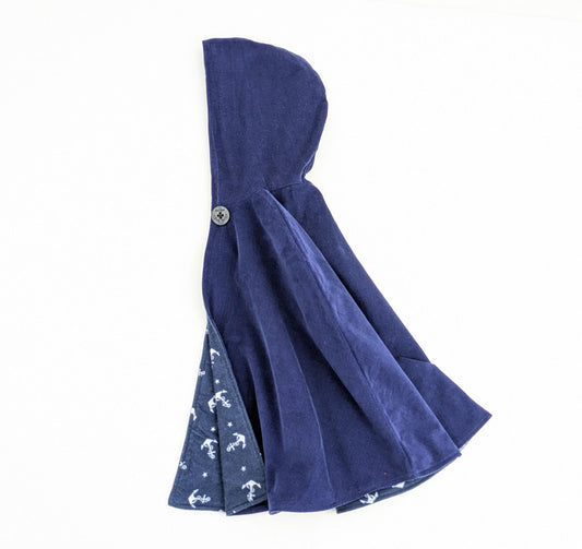 Kids Navy Blue Sailor Cape, Anchor Print Flannel, Hooded Cloak, Car Seat Poncho, Boys, Girls, Toddler, Sz 1-12 Yrs