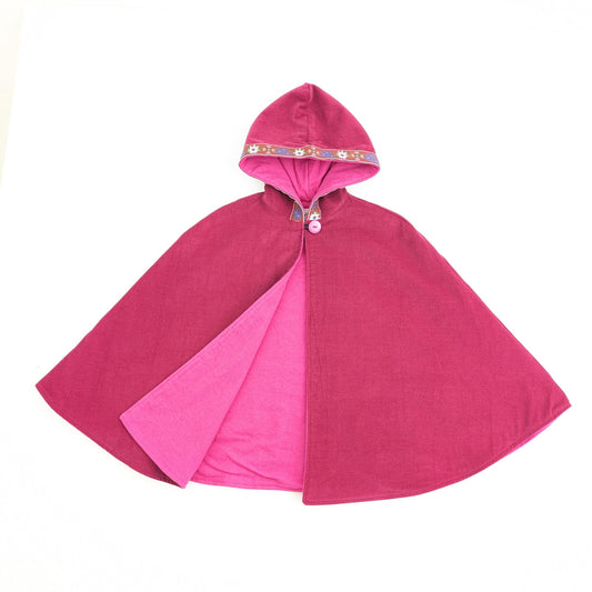 Girls Pink Corduroy Hooded Cloak with Floral Trim, Kids Winter Cape Coat, Car Seat Poncho, 1 - 12 Years