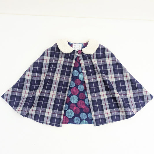 Girls Plaid Cloak, Flannel Lined Cape, Fuzzy Fleece Peter Pan Collar, Kids Winter Coat,  Car Seat Poncho Sz Med (5-8 years)