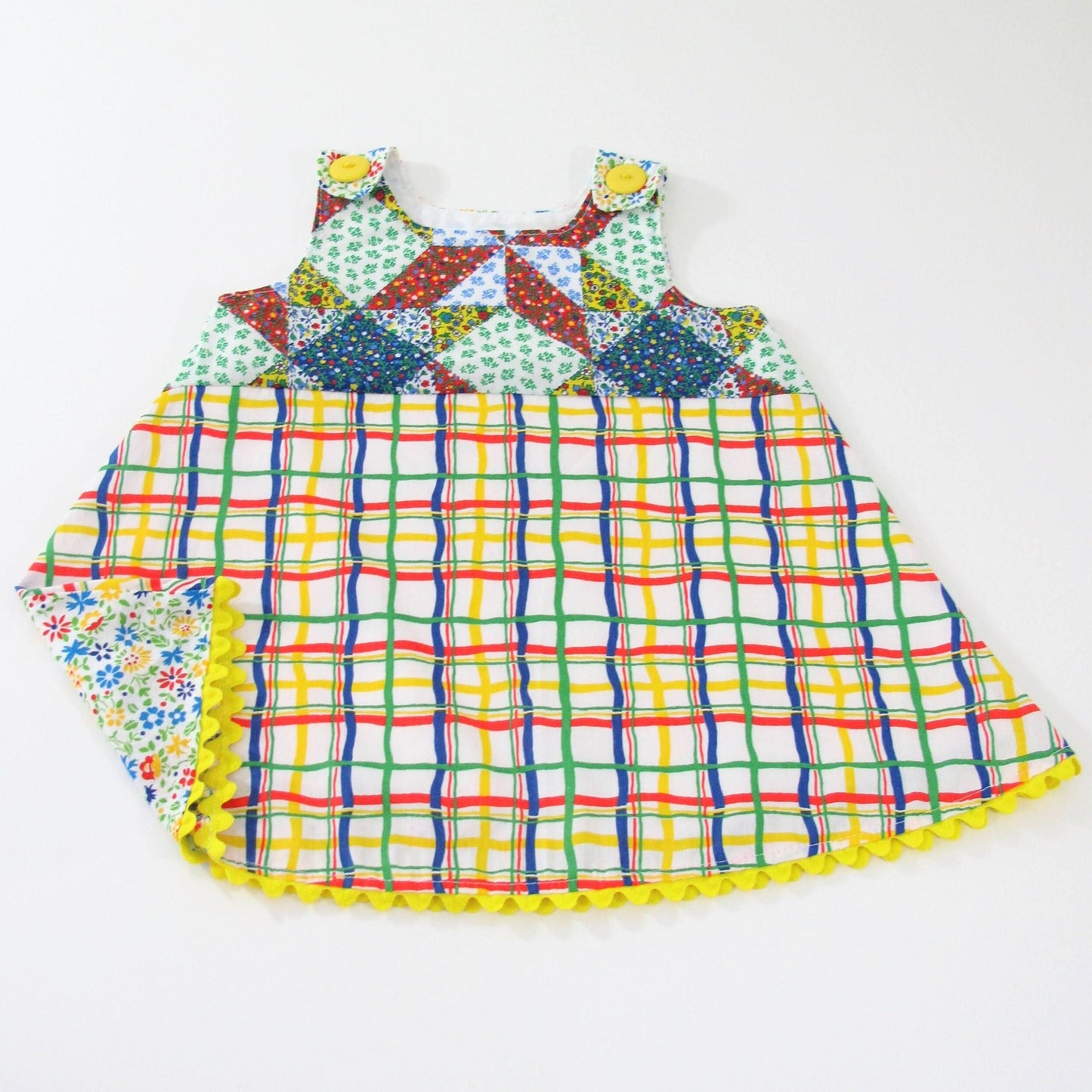 Girls Dress 12M Baby Rainbow Plaid Pinafore Dress, Handmade Clothing Funky Boutique Boho Jumper Sundress Rainbowcore 1st Birthday Gift