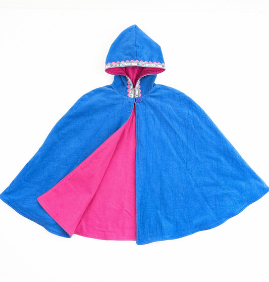 Girls Turquoise Blue & Pink Cloak with Floral Trim, Hooded Corduroy Cape Coat, Car Seat Poncho, Adaptive Clothing, Sz 1 - 12 Years