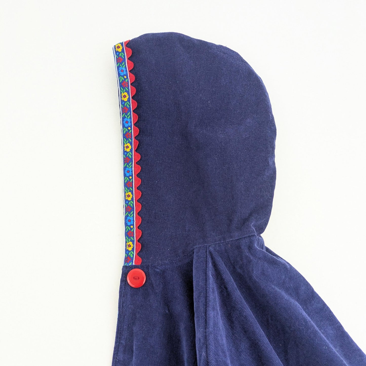 Cape bleu marine pour filles avec garniture florale, manteau cape en velours côtelé à capuche, poncho pour siège auto, cadeau de Noël pour bébé, tout-petit, enfants, taille M, 5-8 ans