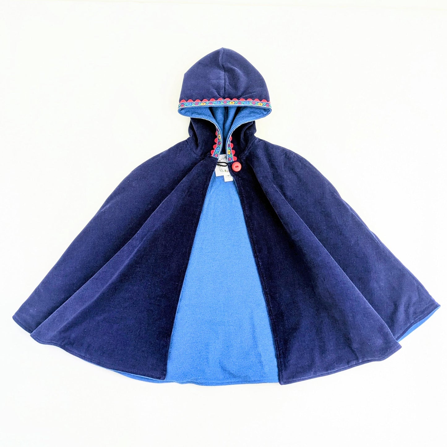 Cape bleu marine pour filles avec garniture florale, manteau cape en velours côtelé à capuche, poncho pour siège auto, cadeau de Noël pour bébé, tout-petit, enfants, taille M, 5-8 ans