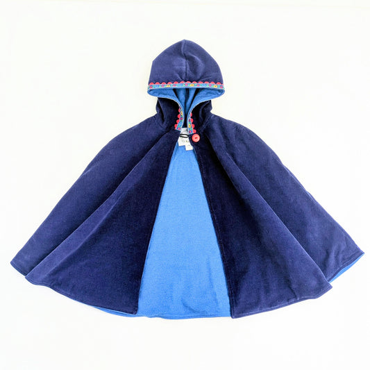 Girls Navy Blue Cloak with Floral Trim, Hooded Corduroy Cape Coat, Car Seat Poncho, Baby Toddler Kids Christmas Gift Sz Medium 5-8 Years