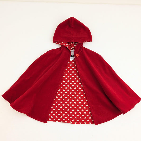 Girls Corduroy Cape with Heart Print Lining, Toddler, Big Kids Hooded Cloak Sz 1 - 12 Years