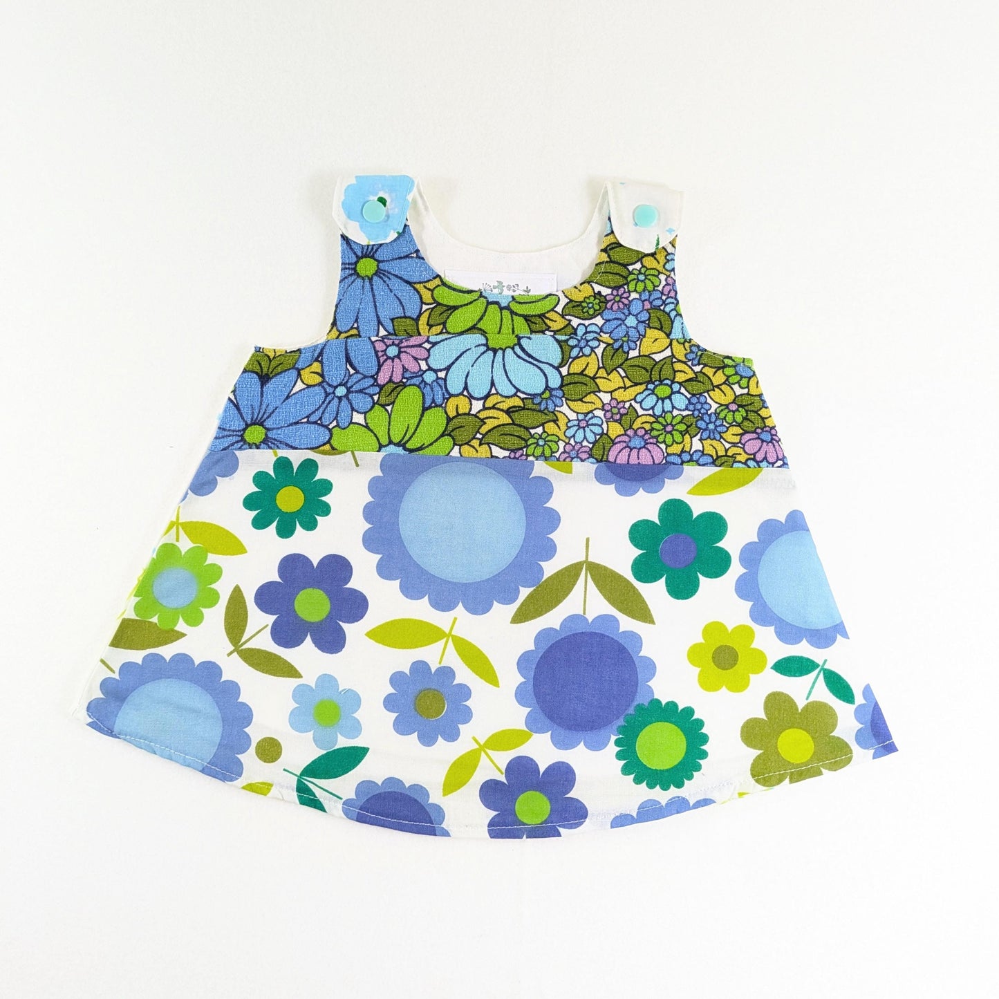 Robe patchwork 3M Blue Daisy pour bébés filles, robe chasuble florale bleue et verte, 3-6 mois