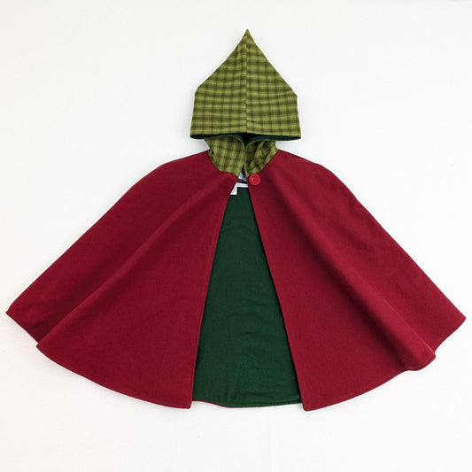 Toddler Red Cape with Pointy Green Plaid Hood, Heavy Cotton Twill Christmas Cloak, Holiday Photo Outfit, Boys Girls Kids, Sz Small 1-4 Yrs