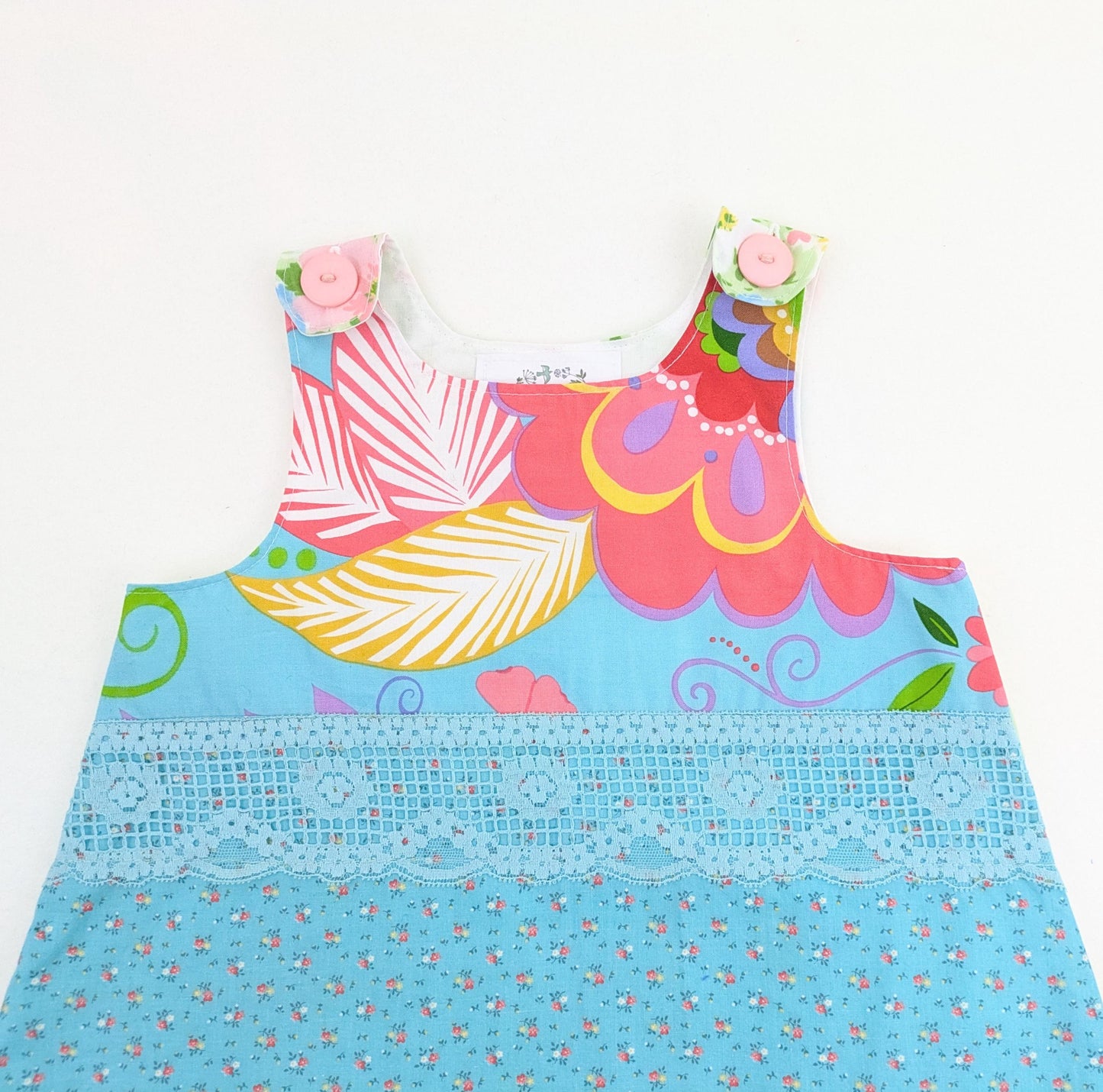 Robe chasuble fleurie tropicale taille 5, Robe d'été fleurie turquoise pour fille, Vêtements de vacances à la plage, Mode enfant faite main