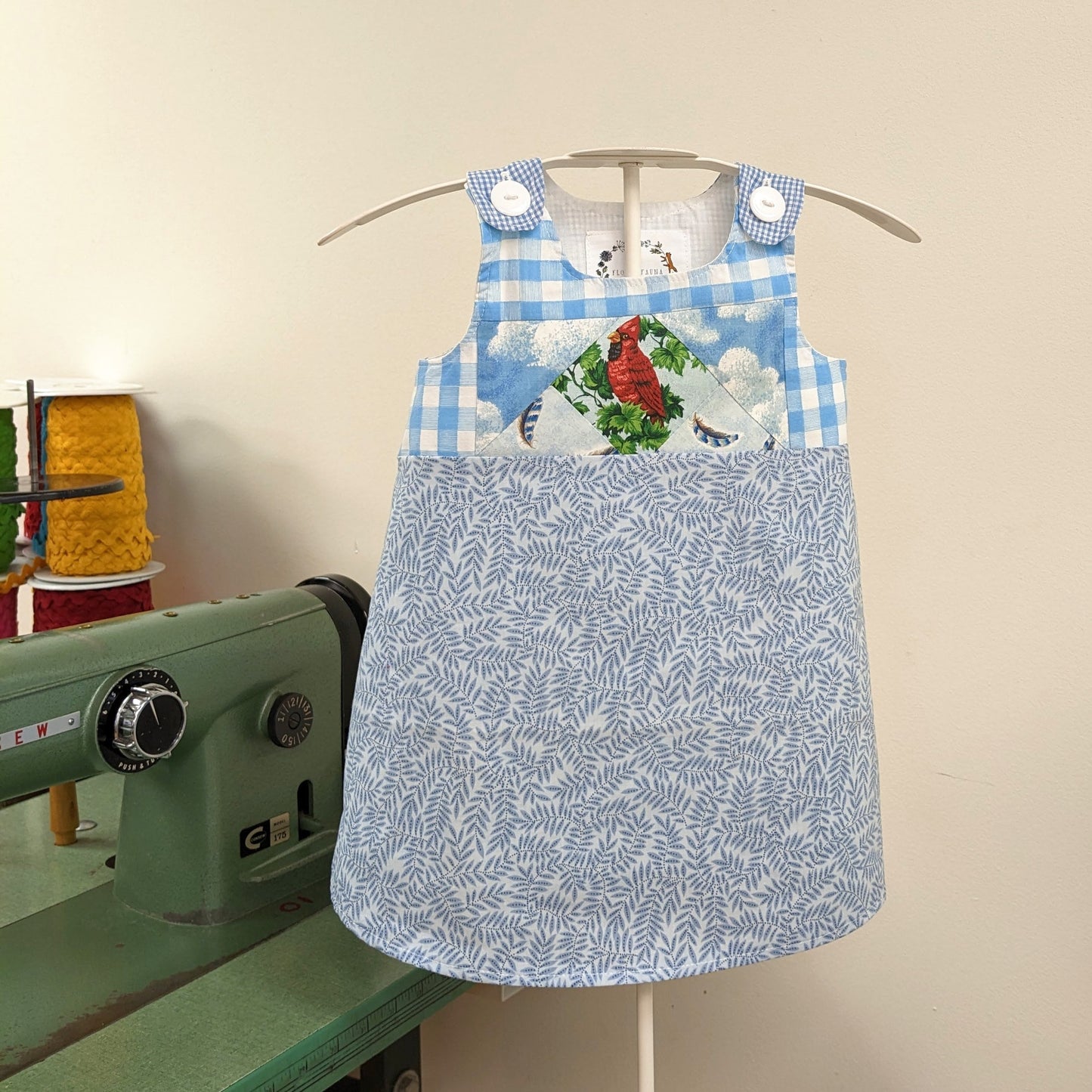 18M Toddler Girls Dress, Bird Patchwork Pinafore Outfit, Handmade Children's Clothing, Heirloom Keepsake Gifts for Girls
