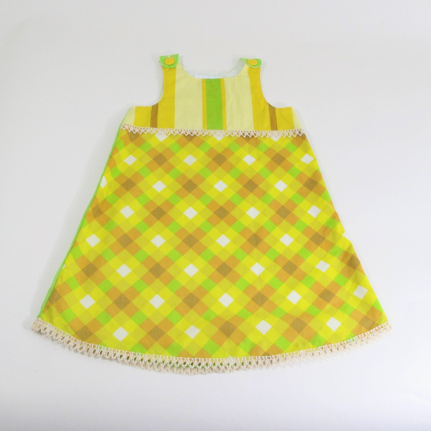 Girls Dress 6T, Handmade Patchwork Toddler Pinafore Jumper Outfit, Kindergarten Upcycled Vintage Clothing, Birthday Gift Boho Neon Plaid