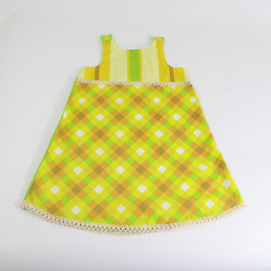 Girls Dress 6T, Handmade Patchwork Toddler Pinafore Jumper Outfit, Kindergarten Upcycled Vintage Clothing, Birthday Gift Boho Neon Plaid