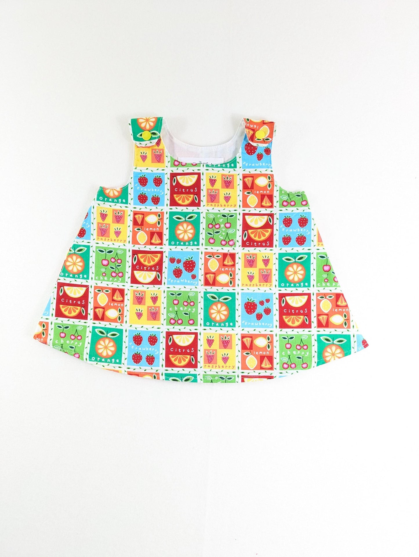 3M Rainbow Fruit Squares Baby Girls Dress, Baby Shower Gift Pinafore, Handmade Baby Girls Dress, 3-6 Months