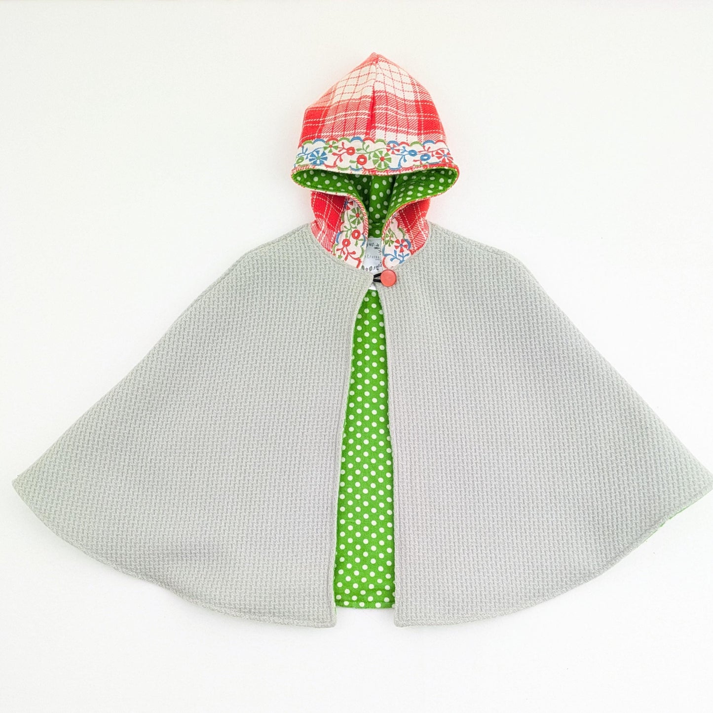 Cape en laine pour fillettes, cape à capuche en plaid menthe et orange de conte de fées avec bordure florale brodée, manteau poncho pour siège auto, taille S 1-4 ans