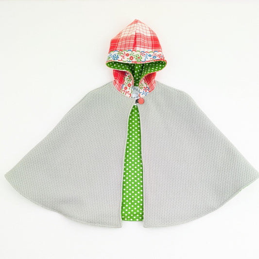 Toddler Girls Wool Cloak, Storybook Hooded Mint & Orange Plaid Cape Coat Embroidered Floral Trim, Car Seat Poncho Coat,  Sz Small 1-4 Years