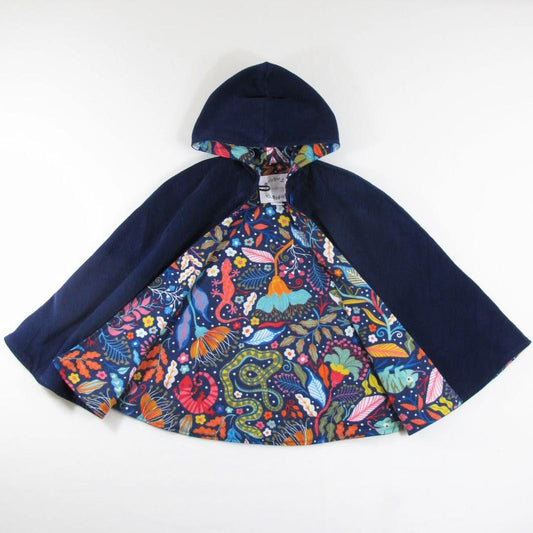 Kids Rainforest Navy Blue Cloak, Boys Girls Hooded Corduroy Cape Coat, Car Seat Poncho, Broken Arm Adaptive Clothing, Sz 1 - 12 Yrs