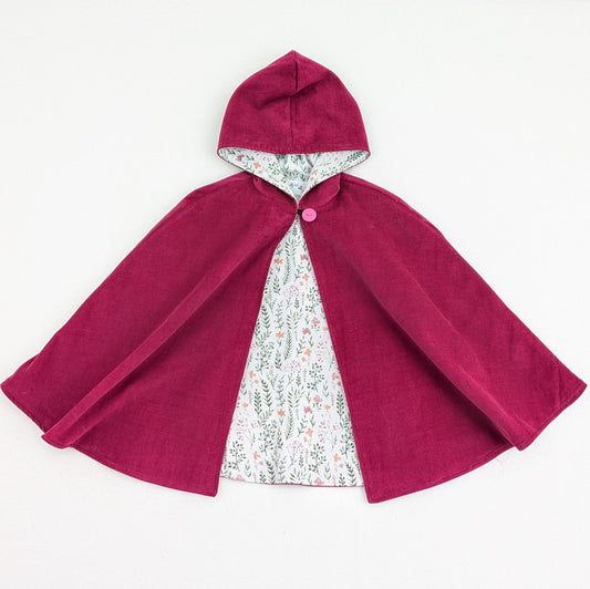 Raspberry Pink Girls Corduroy Cape, Floral Flannel Lined Toddler Poncho, Spring Cloak, Handmade Baby Gift, Car Seat Coat Outerwear