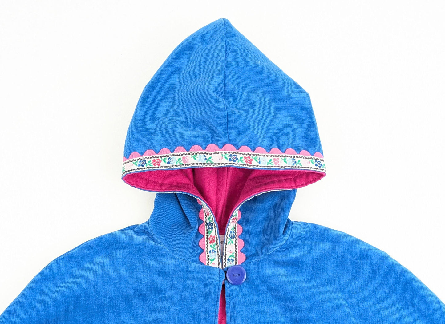Girls Turquoise Blue & Pink Cloak with Floral Trim, Hooded Corduroy Cape Coat, Car Seat Poncho, Adaptive Clothing, Sz 1 - 12 Years