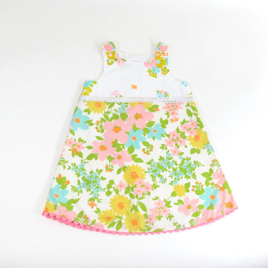 4T Toddler Girls Dress, Handmade Pastel Upcycled Floral Stripe Retro Pinafore, 4th Birthday Gift, Photo Outfit, Tea Party Sundress,
