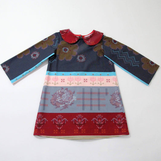 4T Toddler Girls Striped Warm Winter Dress with Long Sleeve & Peter Pan Collar, Maroon Gray Cross Stitch Print
