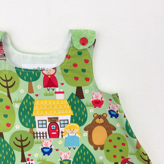 6M Nursery Rhyme Pinafore Girls Dress, Cotton Summer Baby Shower Gift, Handmade Gifts for Girls, Red Riding Hood, 3 Little Pigs, Goldilocks