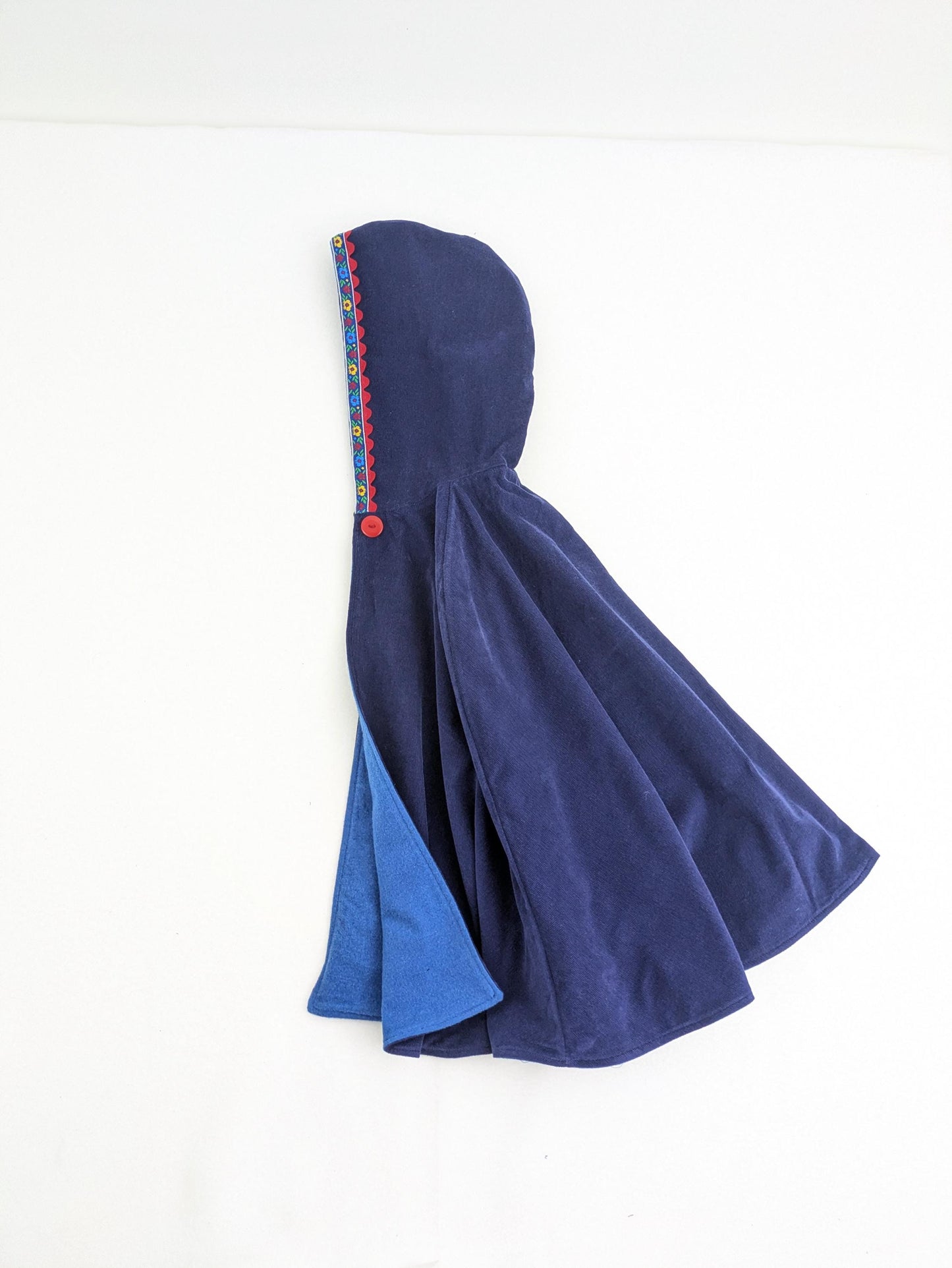 Cape bleu marine pour filles avec garniture florale, manteau cape en velours côtelé à capuche, poncho pour siège auto, cadeau de Noël pour bébé, tout-petit, enfants, taille M, 5-8 ans