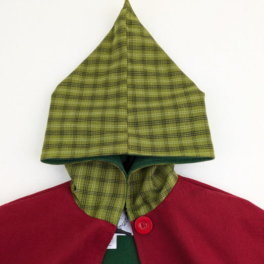 Toddler Red Cape with Pointy Green Plaid Hood, Heavy Cotton Twill Christmas Cloak, Holiday Photo Outfit, Boys Girls Kids, Sz Small 1-4 Yrs