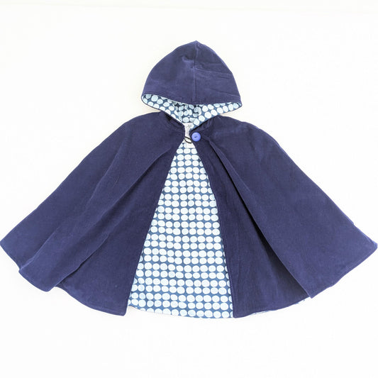 Toddler Boys Girls Navy Blue Corduroy Polka Dot Cloak, Kids Hooded Cape Car Seat Poncho Coat, Broken Arm Clothing, Sz Small 1-4 years