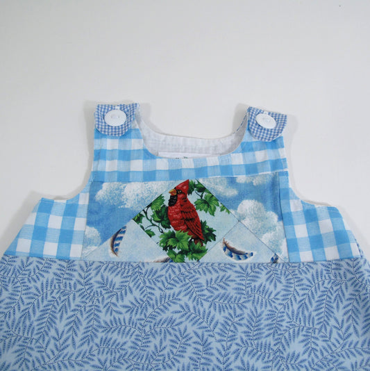 18M Toddler Girls Dress, Bird Patchwork Pinafore Outfit, Handmade Children's Clothing, Heirloom Keepsake Gifts for Girls