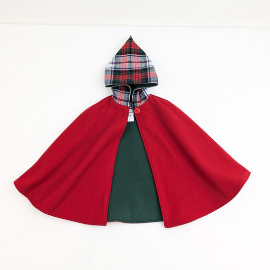 Toddler Red Wool Blend Cape Plaid Pointy Hood, Very Warm Winter Cloak, Toddler Holiday Coat, Elf Costume, Carseat Poncho, Sz Small 1-4 Yrs