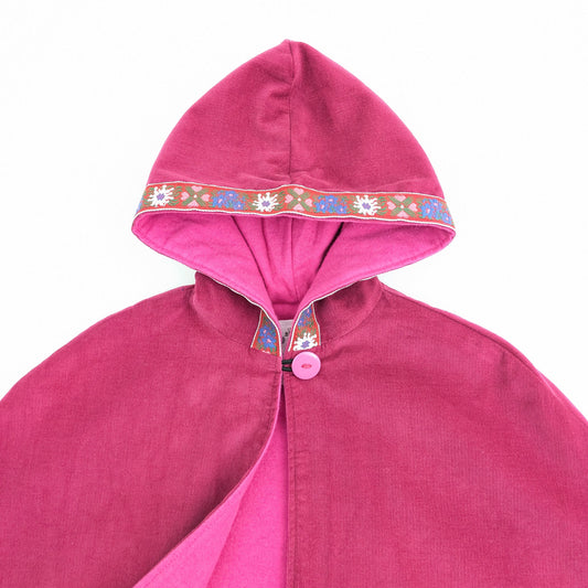 Girls Pink Corduroy Hooded Cloak with Floral Trim, Kids Winter Cape Coat, Car Seat Poncho, 1 - 12 Years