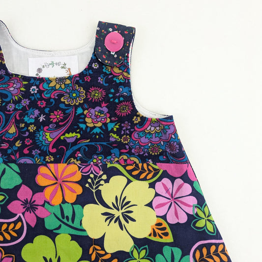18M Baby Girls Handmade Dress, Navy Tropical Patchwork Hibiscus Floral Pinafore, Paisley Bodice, Cotton Summer Outfit Sundress Birthday Gift
