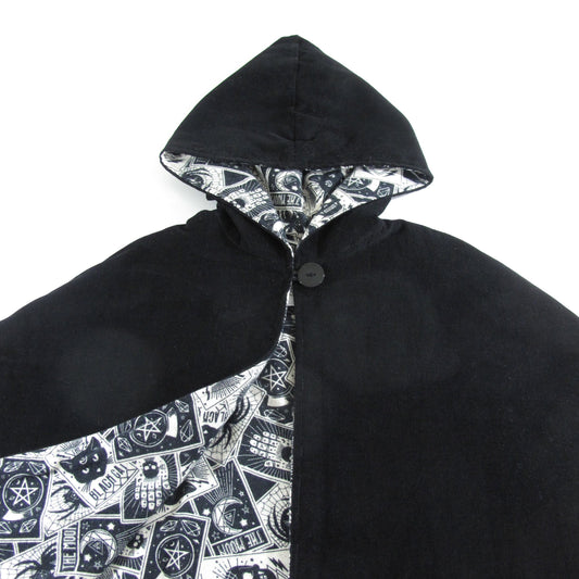 Tarot Black Cloak Kids Halloween Costume, Corduroy Fortune Teller Cape, Medieval Dark Magic Wizard Witch Cosplay Sz 1 - 12 Years