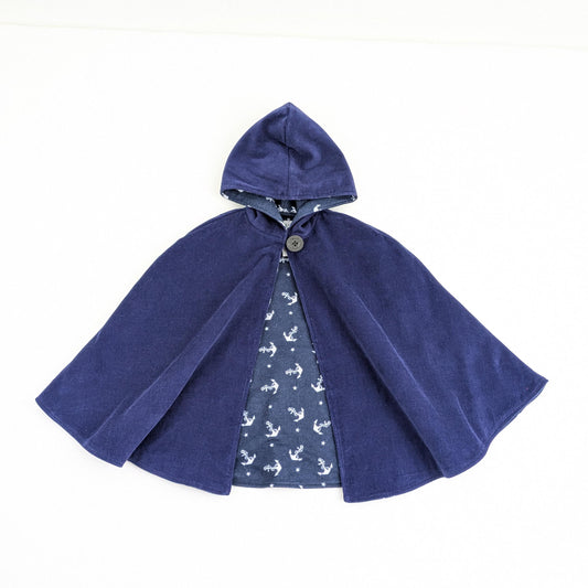 Kids Navy Blue Sailor Cape, Anchor Print Flannel, Hooded Cloak, Car Seat Poncho, Boys, Girls, Toddler, Sz 1-12 Yrs
