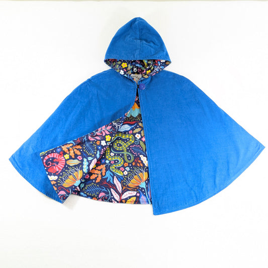 Kids Rainforest Turquoise Blue Cloak, Boys Girls Hooded Corduroy Cape Coat, Car Seat Poncho, Adaptive Clothing, Sz 1- 12 Years