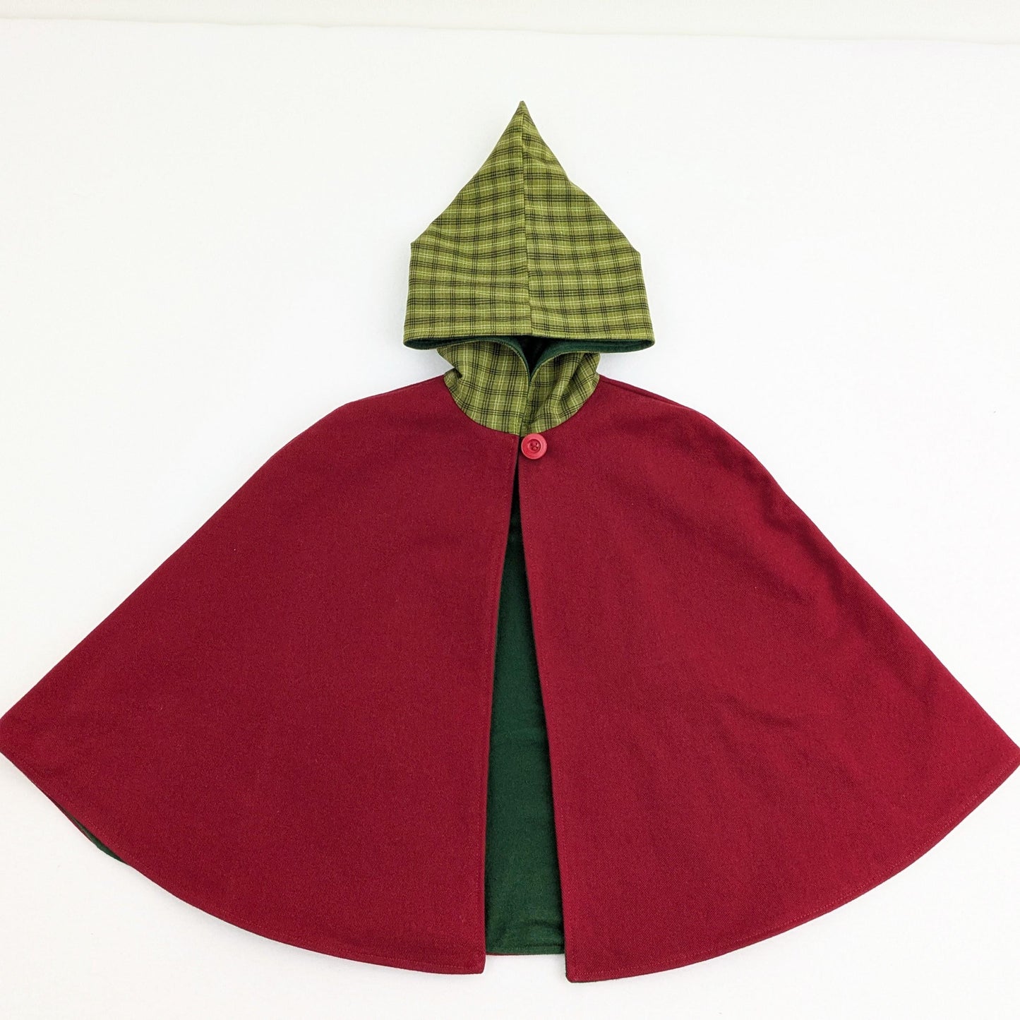 Cape rouge pour tout-petit avec capuche pointue écossaise verte, cape de Noël en sergé de coton épais, tenue de photo de vacances, garçons filles enfants, taille petite 1-4 ans
