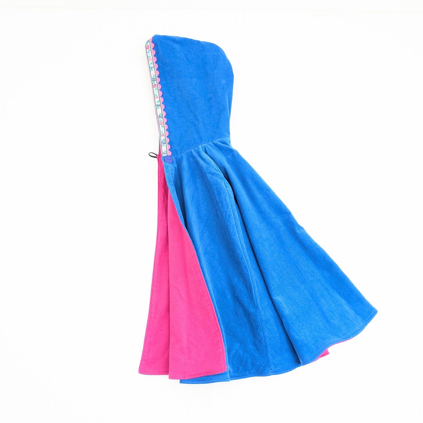 Girls Turquoise Blue & Pink Cloak with Floral Trim, Hooded Corduroy Cape Coat, Car Seat Poncho, Adaptive Clothing, Sz 1 - 12 Years