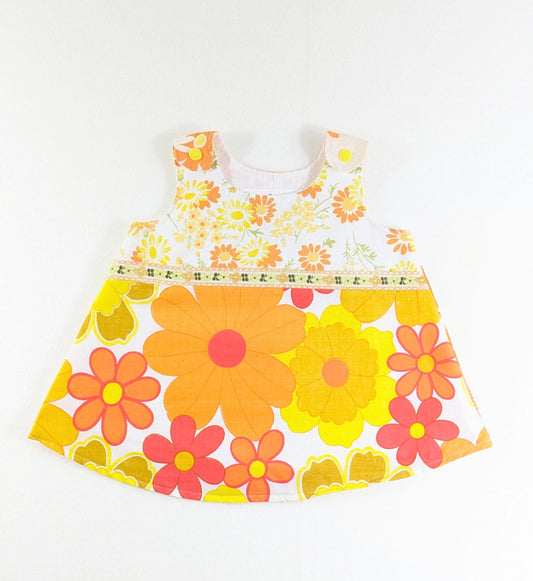 3M Floral Patchwork Dress, Bright Retro Unique Handmade Baby Girls Pinafore Dress, 3-6 Months
