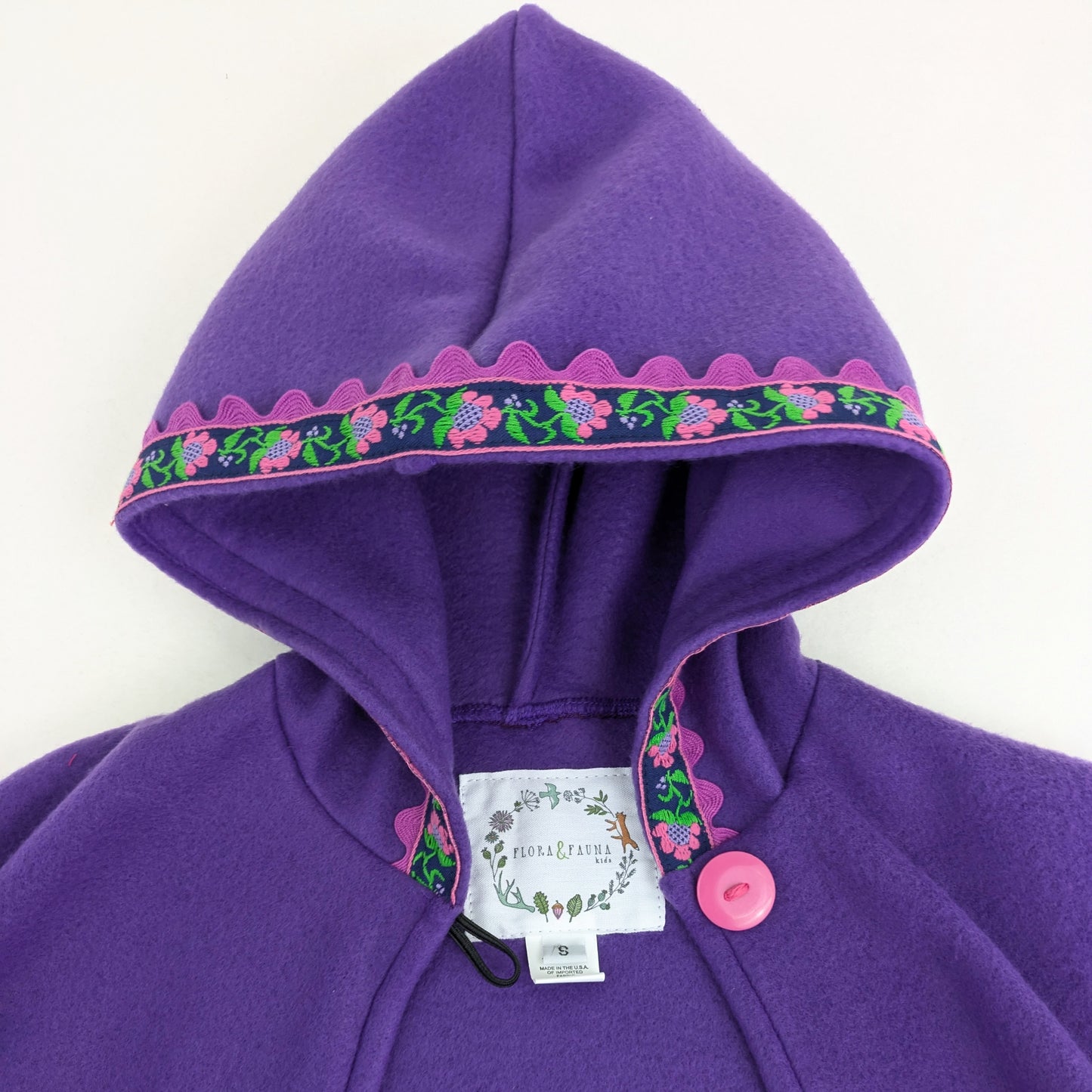 Girls Fairytale Purple Fleece Hooded Cloak with Vintage Jacquard Trim