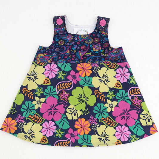 18M Baby Girls Handmade Dress, Navy Tropical Patchwork Hibiscus Floral Pinafore, Paisley Bodice, Cotton Summer Outfit Sundress Birthday Gift