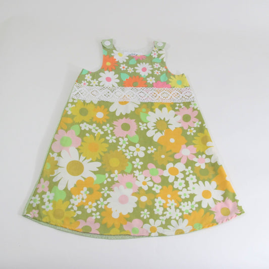 Girls Floral Dress 6T, Handmade Patchwork Toddler Pinafore Jumper Upcycled, 6th Birthday Gift Boho Hippie Flower Power Retro Tea Party
