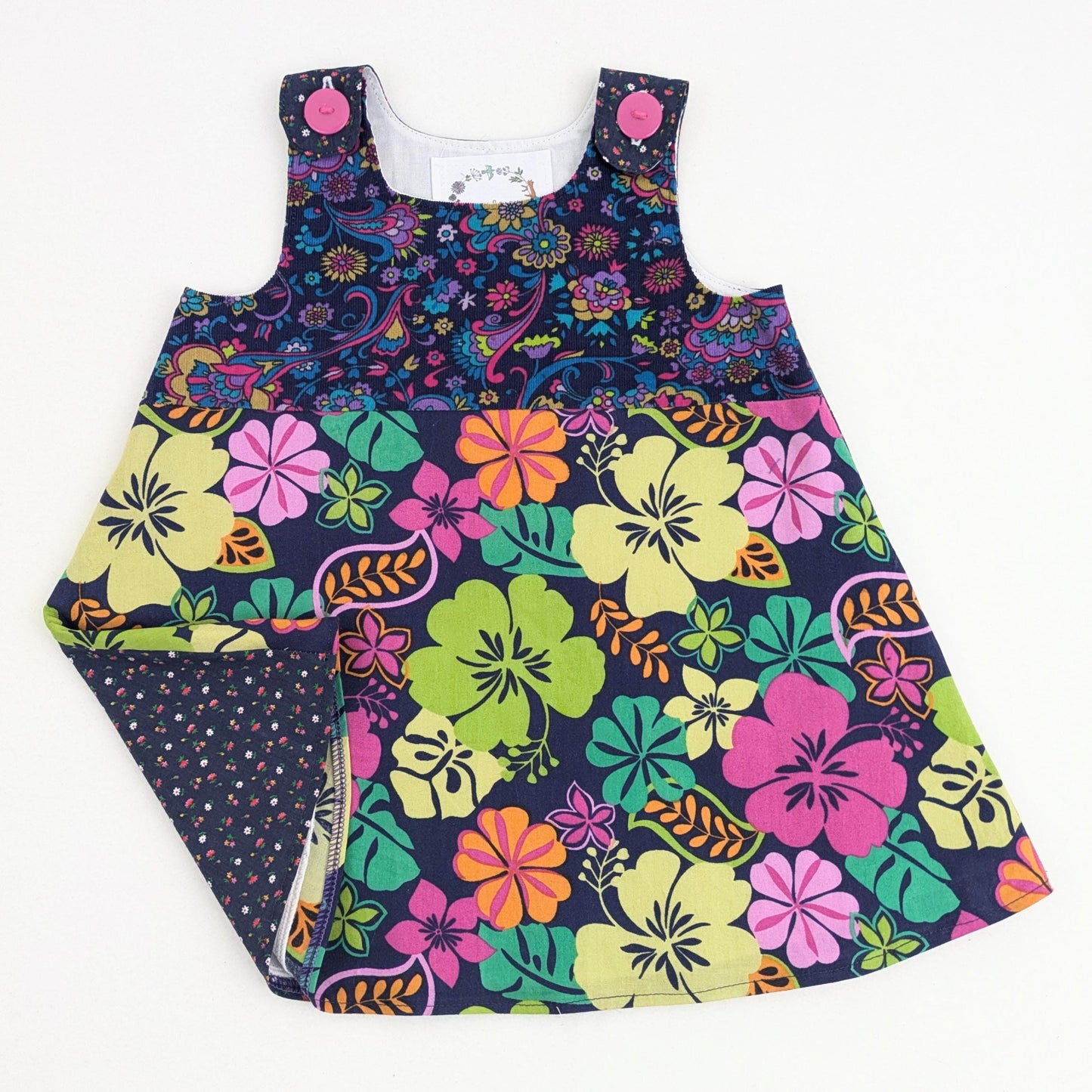 Robe faite main pour bébé fille 18 mois, motif cachemire bleu marine tropical patchwork hibiscus floral, corsage en coton, tenue d'été, robe d'été, cadeau d'anniversaire